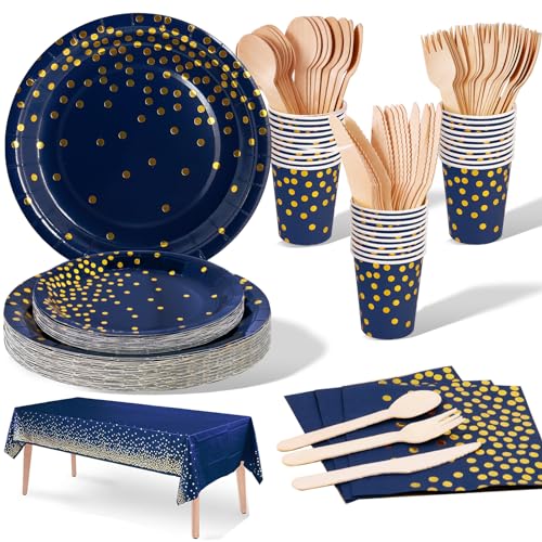 Nkaiso Partygeschirr Kindergeburtstag,141Stück Marineblaugold Pappteller Partyzubehör Geburtstag Mädchen Party Deko ​Papier Geschirr Set einschließlich Teller Becher Servietten für 20 Gäste von Nkaiso