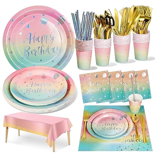 Nkaiso Partygeschirr Kindergeburtstag,161 Pieces Rainbow Partygeschirr Set mit Becher Servietten Tischdecke Pappteller Geburtstag Mädchen Geburtstagsdeko für Party Geburtstag von Nkaiso