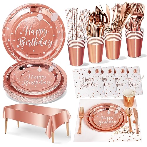 Nkaiso Partygeschirr Kindergeburtstag,161 Pieces Rotgold Partygeschirr Set mit Becher Servietten Tischdecke Pappteller Geburtstag Mädchen Geburtstagsdeko für Party Geburtstag -20 Gäste von Nkaiso