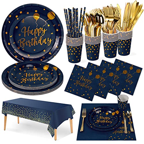 Nkaiso Partygeschirr Kindergeburtstag,161 Stück Marineblaugold Partygeschirr Set Party Set mit Pastell Becher Servietten Tischdecke Pappteller Geburtstag Mädchen Geburtstagsdeko für Party Geburtstag von Nkaiso