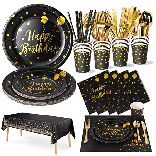 Nkaiso Partygeschirr Kindergeburtstag,20 Gäste Schwarzesgold Partygeschirr Party Set mit Pastell Becher Servietten Tischdecke Pappteller Geburtstag Mädchen Geburtstagsdeko für Party Geburtstag von Nkaiso