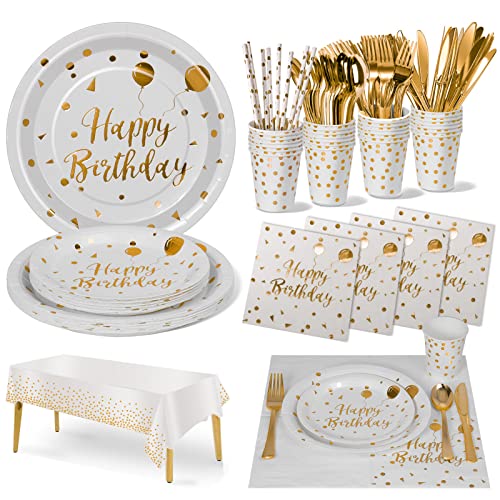 Nkaiso Partygeschirr Kindergeburtstag,20 Gäste Weißgold Partygeschirr Party Set mit Pastell Becher Servietten Tischdecke Pappteller Geburtstag Mädchen Geburtstagsdeko für Party Geburtstag von Nkaiso