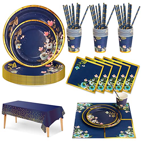 Nkaiso Partygeschirr Kindergeburtstag Set, 126 Stück Blaue Blumen Pappteller Kindergeburtstag Mädchen Party Set mit Blaue Blumen Pappteller, Pappbecher, Servietten und Strohhalme für 25 Gäste von Nkaiso