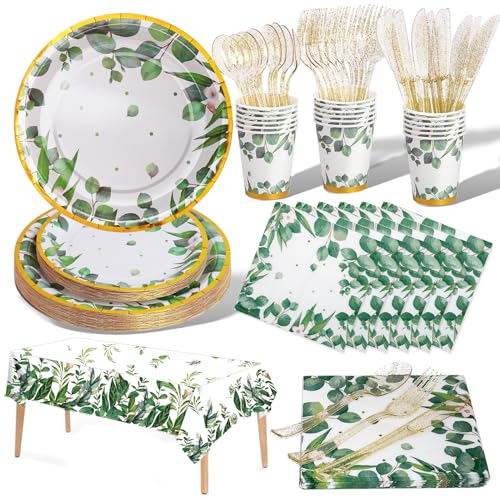 Nkaiso Partygeschirr Set 141 Stück Neutral Goldfolie Grün Geburtstag Partyzubehör Pappteller Kindergeburtstag Set ​Mädchen Party Papier Geschirr Set einschließlich Becher Servietten Geschirr -20 Gäste von Nkaiso