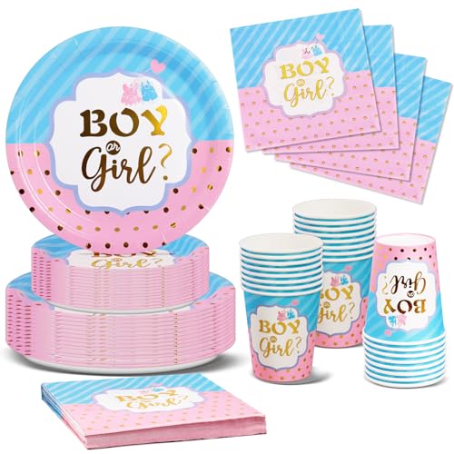 Nkaiso Partygeschirr Set 96 Stück Blau und Rosa Baby Shower Party Supplies Pappteller Tassen Servietten für Geburtstag Deko Babyparty Deko- 24 Gäste von Nkaiso