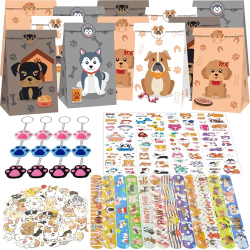 NlsqEU 148Pcs Hunde Party Mitgebsel, Hunde deko kindergeburtstag, Hunde Motto Geburtstagsparty Zubehör, Hunde Geschenktüten, Schnapparmband, Schlüsselanhänger, Aufkleber und Tattoos Aufkleber von NlsqEU