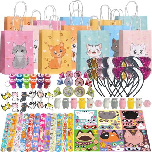 NlsqEU 96Pcs Katzen Party Mitgebsel Katzen Deko Geburtstag Katzen eschenktüten Schlüsselanhänger Spielzeug Stempel Schnapparmband Aufkleber Hair Clips, Katzen Themen Geburtstagsfeier Zubehör von NlsqEU