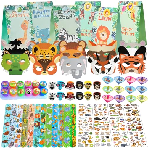 NlsqEU Dschungel Party Mitgebsel Set, Tiere Party Mitgebsel, Dschungel Party Mitgebsel, Tiere Geschenktüten, Kreisel, Ring, Masken, Tattoos Aufkleber, Schnapparmband, Spielzeug Stempel von NlsqEU