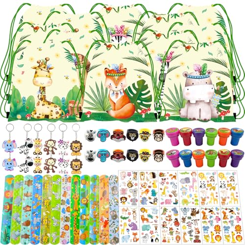 NlsqEU Dschungel Party Mitgebsel Set, Tiere Party Mitgebsel, Dschungel Party Mitgebsel, Tiere Geschenktüten, Schnapparmband, Schlüsselanhänger, Spielzeug Stempel, Aufkleber und Ring von NlsqEU