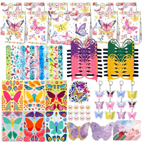 NlsqEU Schmetterling Party Mitgebsel, 122pcs Schmetterling Mitgebsel Kindergeburtstag Mädchen, Schmetterlinge Deko Geburtstag Schmetterlinge Geschenktüten Tattoos Mädchen Aufkleber Schnapparmband von NlsqEU