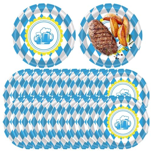 Nmkeqlos Oktoberfest-Geschirr,Oktoberfest-Zubehör - 20-teiliges Geschirr-Set, Dekorationen für das Bayerische Bierfest - Designzubehör mit blau-weißer Flagge und Karomuster bedient 20 Gäste beim von Nmkeqlos