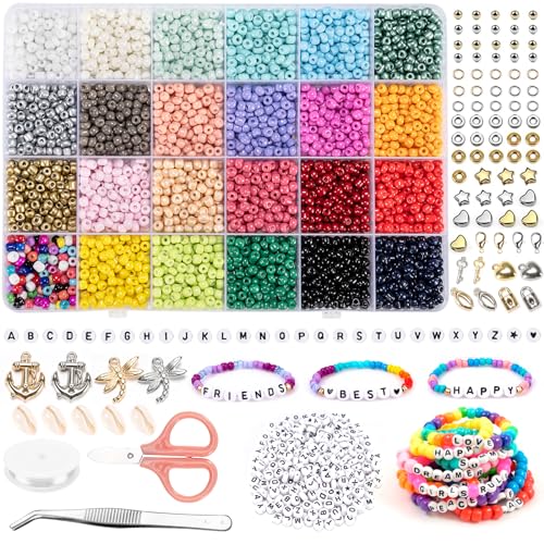 4000 Stück 4mm Perlen Bunte Set,300 Stück Buchstabe Perlen,Glasperlen Ketten Selber Machen mit Elastischen Schnüre und Schere, Beads set für Armbänder Schmuck,für Weihnachten Kinder Geburtstage Party von Noa Home Deco