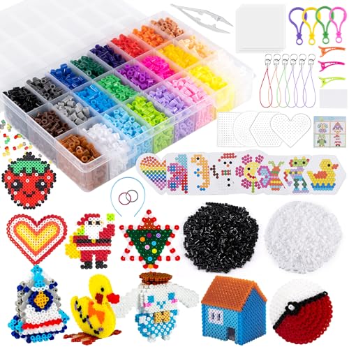 Bügelperlen Set 6300 Stück Bügelperlen 5mm in Sortierbox mit Bügelperlen Vorlagen, Bügelpapier, Anhänger und Zubehör DIY Gestalten von Schmuck, Deko und 3d Kinder Geschenk Bastelideen, 26 Farben von Noa Home Deco