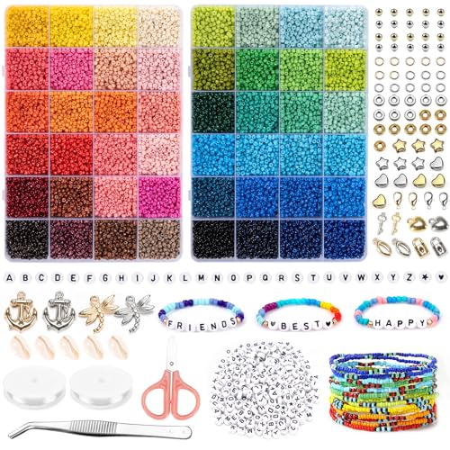 16000 Stück 3mm Perlen Bunte Set, 300 Stück Buchstabe Perlen,Glasperlen Ketten Selber Machen mit Elastischen Schnüre Schere, Beads set für Armbänder Schmuck, für Weihnachten Kinder Geburtstage Party von Noa Home Deco