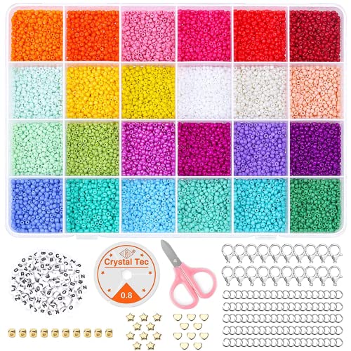 Noa Home Deco 24000pcs Glasperlen und 100pcs Alphabet Buchstabe Perlen, 2mm Mini Perlen Rocailles mit Elastischen Schnüre und Schere, für Armbänder Schmuck machen und Handwerk, Bunt von Noa Home Deco