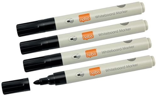 Nobo Whiteboard Stifte, 3 mm Rundspitze, 4er Pack, Schwarze, trocken abwischbare Marker für Whiteboards und nichtporöse Oberflächen, 1915707 von Nobo