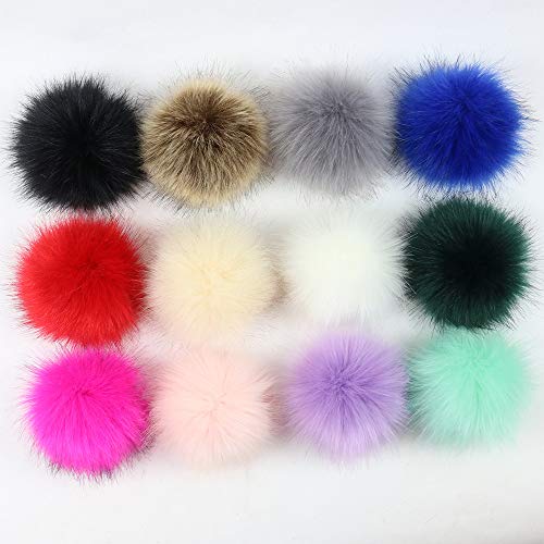 12 Stück10cm Kunstfell Bommel Pompon Kunstfell Fell bommel Pompon für Damen und Mädchen Tasche Mützen Anhängern Dekoration, 12Farben (5,10cmGummiband-Stil) von Nocyclonic