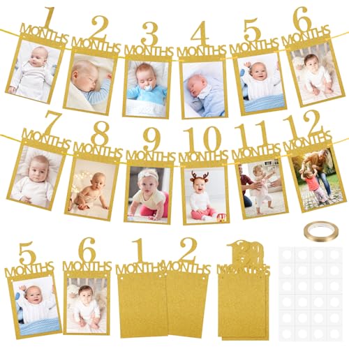 Nogeqi 12 Stück Fotogirlande Geburtstag, Erster Geburtstag Junge Meilenstein Girlande Baby, Foto Banners 1 Geburtstag Happy Birthday Girlande Set Kraftpapier Kommunion Wanddekoration (Gold) von Nogeqi