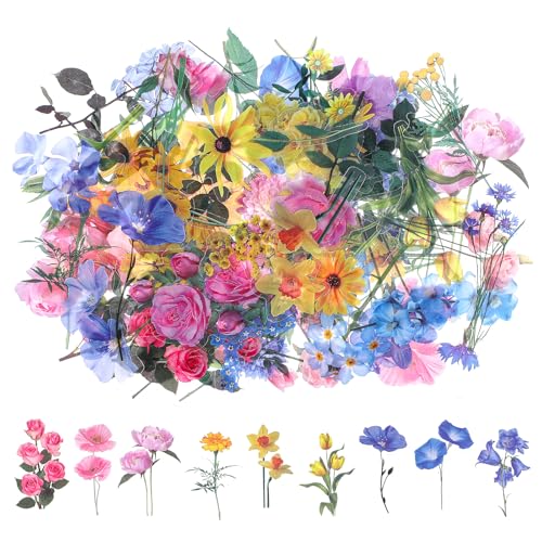 Nogeqi 120 Stück Blumen Sticker Aufkleber, Transparente Scrapbooking Aufkleber Blumen Aufkleber Pflanzen Sticker, PET Wasserfeste Flower Stickers, Bunte Blumenaufkleber für Scrapbook Laptops Fotoalbum von Nogeqi