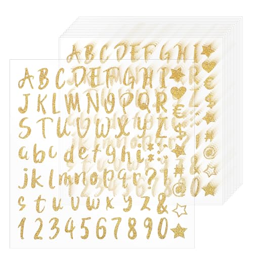 Nogeqi 15 Blätter Glitzer Klebebuchstaben Gold Vinyl Klebezahlen Gold Sticker Buchstaben Aufkleber Gold Zum Aufkleben für Diy Handgemachte Scrapbooking Schilder Grußkarten (1215 Stück) von Nogeqi