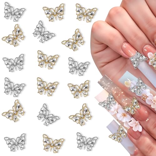 Nogeqi 20 Stück 3D Schmetterling Nailart Charms, Schmertling Nagel Charms Silver, Butterfly Nail Charms Gold, Schmetterlinge Nagel Charme, Nagel Steine Glitzersteine Für Diy Nagelschmuck von Nogeqi