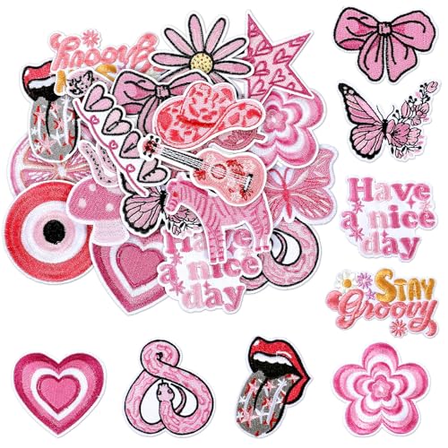 Nogeqi 20 Stück Patches zum Aufbügeln Rosa Flicken zum Aufbügeln, Aufnäher zum Aufbügeln Western Cowgirl Bügelbilder für Textilien Mädchen, Pink Embroidered Patches für Rucksäcke Hosen Kleidung Jeans von Nogeqi