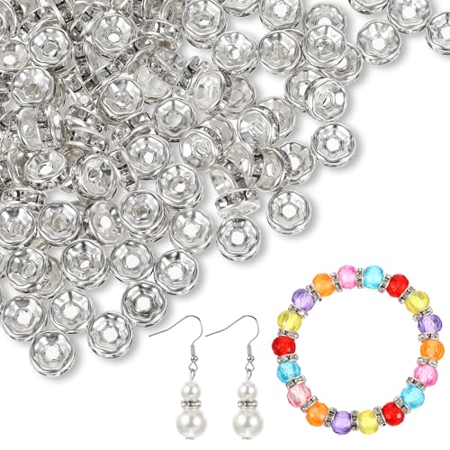 Nogeqi 200 Stück Silber Zwischenperlen für Armbänder Eisen, Strass Perlen Spacer Beads Glitzer Perlen, Glasperlen Funkelnde Disco Ball Perlen zum Auffädeln für Halskette Schmuckherstellung von Nogeqi