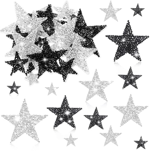 Nogeqi 24 Stück Sterne zum Aufbügeln Stern Patches zum Aufbügeln Strass Stern Aufnäher zum Aufbügeln 8/6/4/2cm Schwarz Silber Strass Sterne Patches für Kleidung T-Shirt DIY Rucksack Clothes Jeans von Nogeqi