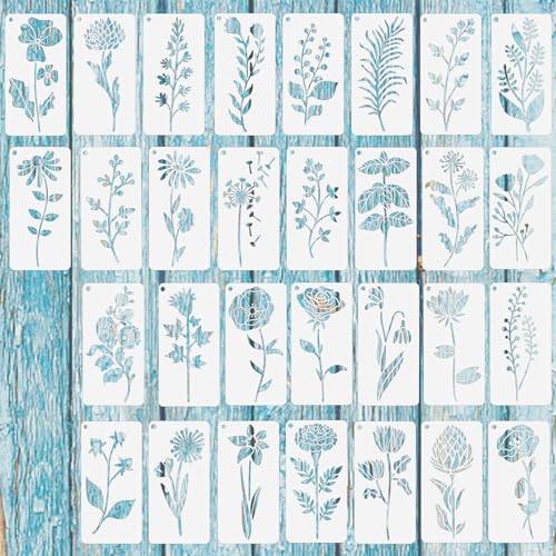 Nogeqi 30 Stück Blumen Schablonen Textilgestaltung, Rosen Wildblumen Kirschblüte Kunststoff Wiederverwendbar Plant Flower Stencils for Painting zum Malen auf Holz Wand Papier Stoff Scrapbooking von Nogeqi