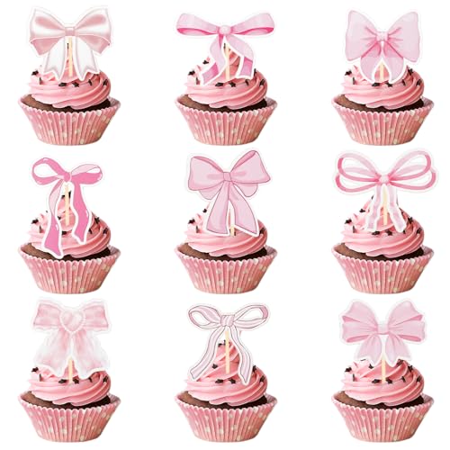 Nogeqi 36 Stück Rosa Schleife Tortendeko, Cupcake Toppers Rosa Schleife Cupcake Deko, Papier Schleife Knoten Kuchen Muffin Deko für Hochzeit, Mädchen Geburtstag Party Kuchen Dekorationen von Nogeqi