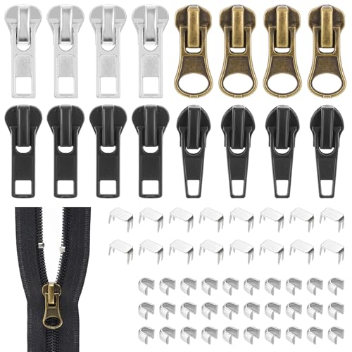 Nogeqi 57 Stück #5 Reisverschluss Zipper Ersatz, Reißverschluss Reparatur Set, Reissverschluss Reparaturset, Zipper Repair Kit Reparieren Für Reißverschlüsse Schieber Für Jacken Mantel Jean (3 Farben) von Nogeqi