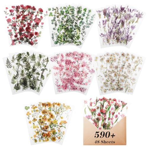 Nogeqi 590 Stück sticker fotoalbum blumen, Transparente blume scrapbook stickers, Vintage Bunte scrapbooking sticker PET Wasserfeste scrapbooking sticker für Scrapbook Fotoalbum Tagebücher Karten von Nogeqi