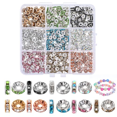 Nogeqi 810 Pcs Zwischen Perlen Für Armbänder, Strass Perlen Zum Auffädeln, Zwischenperlen Spacer Perlen, Rondelle Metallperlen Glitzerperlen Spacer Beads Rhinestones Schmuckherstellung (9 Farben) von Nogeqi