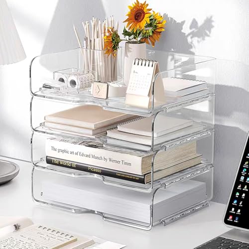 4-stöckige Ablagekorb für A4, Dokumentenablage aus PET Kunststoff, Schreibtisch Organizer und Lagerung für Dokumente,Papier, Buch Magazin Lagerung, Bürobedarf (4pcs Transparent) von Noger