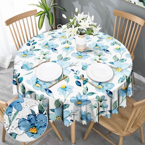 Tischdecke Rund 150 Blaue Florals Tischdecke Abwaschbar Wasserabweisend Tischdecke Gartentischdecke für Outdoor Polyester Dauerhaft Tischdecke für Küche Esszimmer Parteien Garten Couchtisch von Nookery