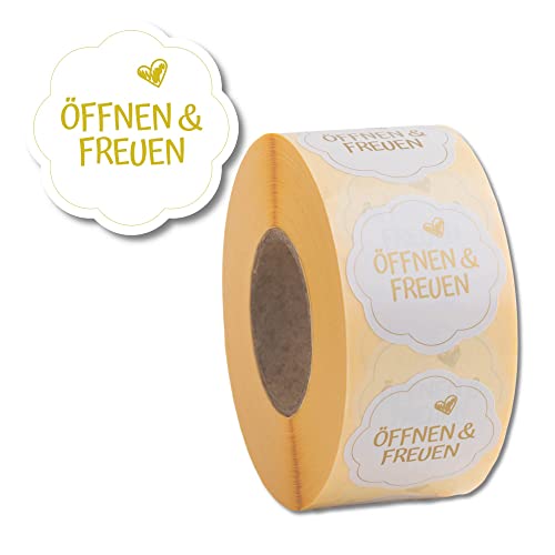 Geschenkaufkleber Öffnen und Freuen 1000 Stück d40mm - blumenförmige Etiketten auf Rolle, Weiß/Gold von Nord Tape