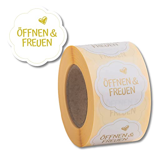 Geschenkaufkleber Öffnen und Freuen 500 Stück d40mm - blumenförmige Etiketten auf Rolle, Weiß/Gold von Nord Tape