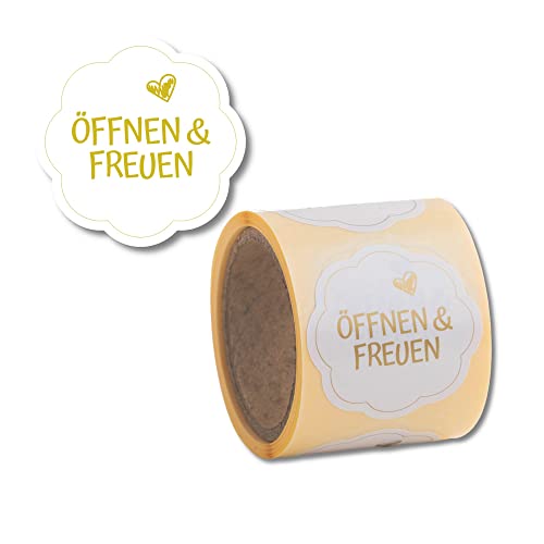 Geschenkaufkleber Öffnen und Freuen 100 Stück d40mm - blumenförmige Etiketten auf Rolle, Weiß/Gold von Nord Tape