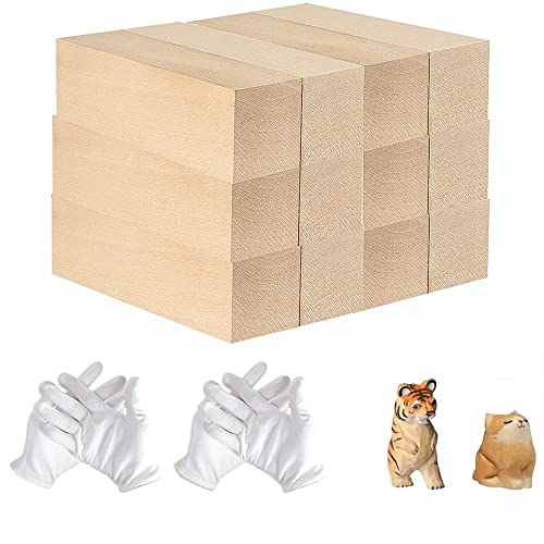 Norhogo 12Pcs Holzblöcke Schnitzholz Set, Unbehandelt Schnitzblock Basswood, Holzblöcke Lindenholz zum Schnitzen Holz für kinder Erwachsene DIY Schnitzen mit 2 Paar weiße Handschuhe 10 * 2.5 * 2.5cm von Norhogo