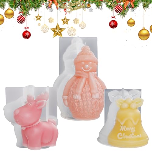 Norhogo 3 Stück 3d silikonform weihnachten, silikonform weihnachten kerzen set, Silikonform 3D Schneemann, Hirsch, Glocke, weihnachtskerzenbecher formen für Herstellung von Kerzenständern von Norhogo