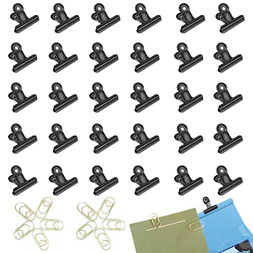 Norhogo 30 Stück Schwarze kleine Bulldog Clips 22mm metall Scharnier Clips für Lebensmittelbeutel, Zeichnungen, Fotos für zu Hause Küche und Büro, Wird mit 10 goldenen Büroklammern geliefert von Norhogo