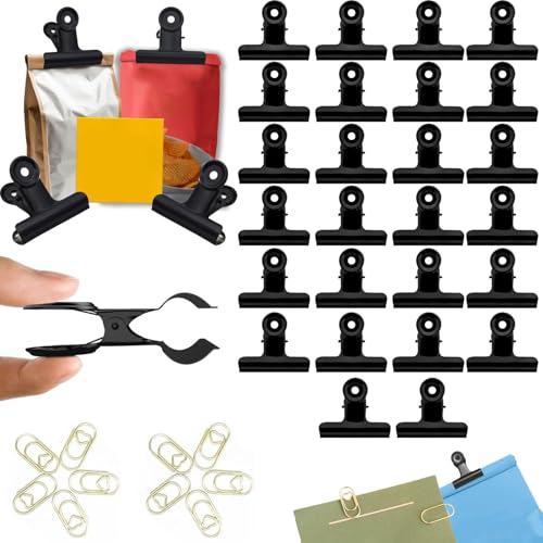 Norhogo 30 Stück Schwarze kleine Bulldog Clips 22mm metall Scharnier Clips für Lebensmittelbeutel, Zeichnungen, Fotos für zu Hause Küche und Büro, Wird mit 10 goldenen Büroklammern geliefert von Norhogo