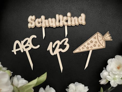 NoriKids Cake-Topper für Schulanfang (4er Set) | Tortenstecker aus Holz | Schulkind Tortendeko | Motive Schulkind, ABC, 123 & Schultüte | Einschulung Deko | handgemachte Geschenke von NoriKids