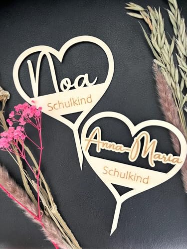 NoriKids Cake-Topper personalisiert & handgefertigt | Tortendeko für Schulanfang | Tortenstecker aus Holz | Motiv Herz | Einschulung Deko mit Namen | personalisierte Geschenke von NoriKids