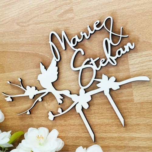 NoriKids Cake-Topper personalisiert & handgefertigt – Tortenstecker aus Holz – Tortendeko Hochzeit – Motiv Taube, Ast & Namen – individuelle Hochzeitsdeko – personalisierte Geschenke von NoriKids