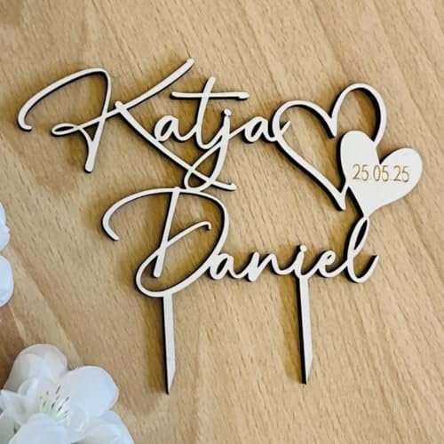 NoriKids Cake-Topper personalisiert & handgefertigt – Tortenstecker aus Holz – Tortendeko Hochzeit – mit euren Namen, Herz & Datum – individuelle Hochzeitsdeko – personalisierte Geschenke von NoriKids