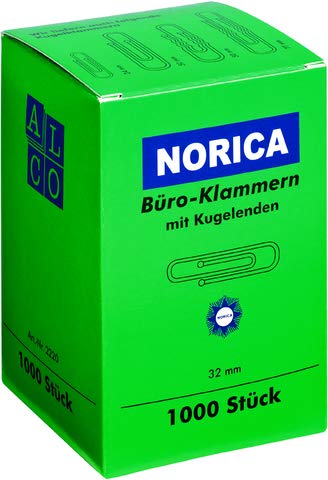 NORICA Büroklammer, rund, Metall, glanzverzinkt, Länge: 32 mm (1.000 Stück), Sie erhalten 1 Packung á 1000 Stück von Norica