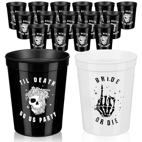 Norme 16 Stück Halloween Bride or Die Bachelorette Party Becher Skull Till Death Do Us Party Becher 473 ml wiederverwendbar schwarz weiß Kunststoff Braut Becher für Brautjungfer Brautdusche Hochzeit von Norme