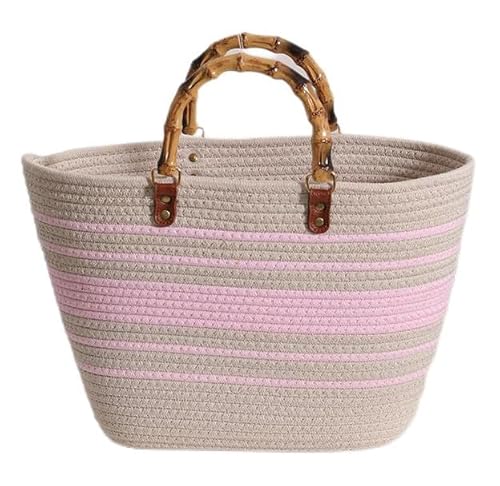 Damen Handtasche mit Bambus Knöchel Design Griff Frau Strandtasche Einkaufstasche aus Baumwollgarn Korbtasche Groß Tragetasche Sommer Shopper (D) von Norsen