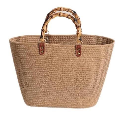 Damen Handtasche mit Bambus Knöchel Design Griff Frau Strandtasche Einkaufstasche aus Baumwollgarn Korbtasche Groß Tragetasche Sommer Shopper (F) von Norsen